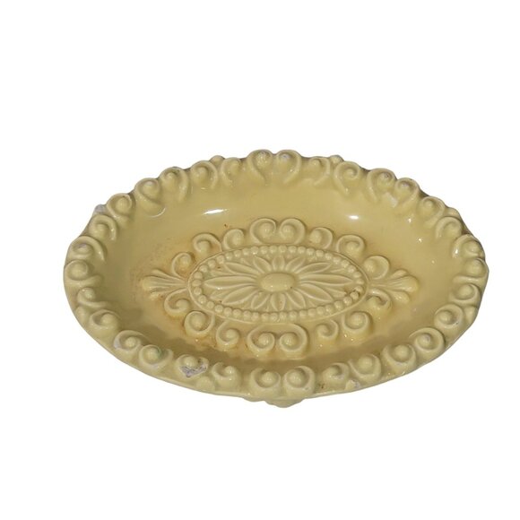 yellow Ornate Oval Footed Regency Glam Ceramic Soap Dish Trinket Tray - Picture 2 of 11